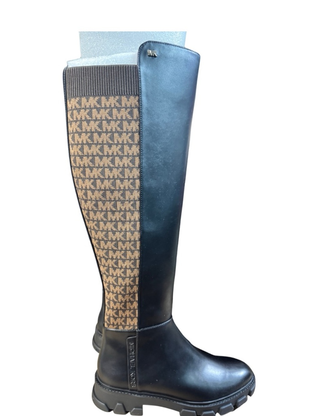 Michael Kors Black Leather & Brown MK Logo Knit Knee Boots